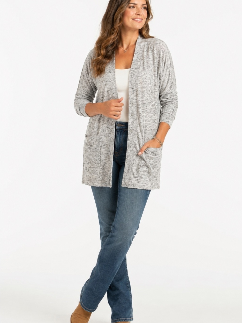CAbi Marble Cardigan 5286 Light Gray Cardigan Button Sweater Casual Minimalist